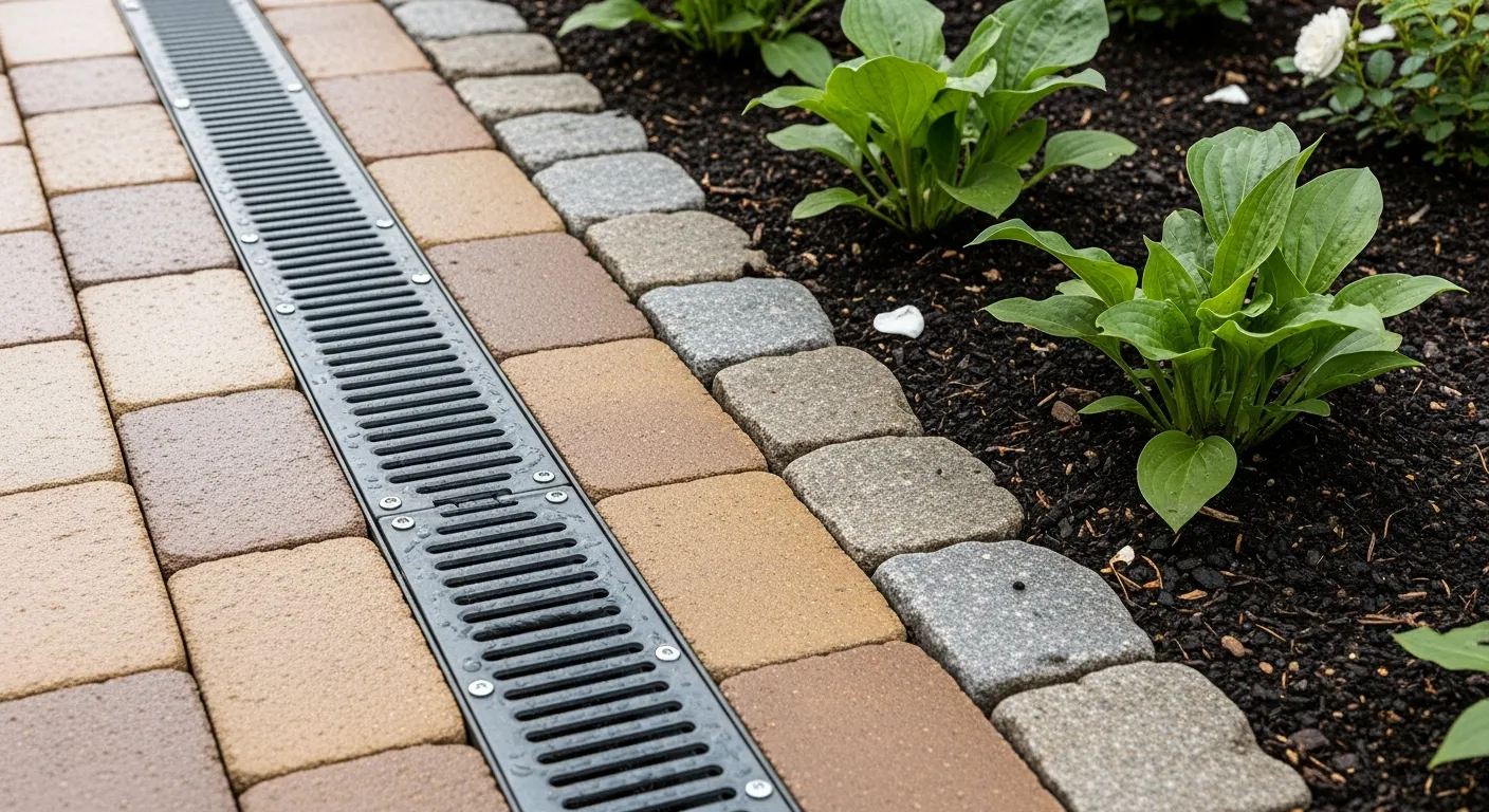 A Linear Dark Gray Trench Drain, Topped With a Slotted Metal Grate With Visible Screws