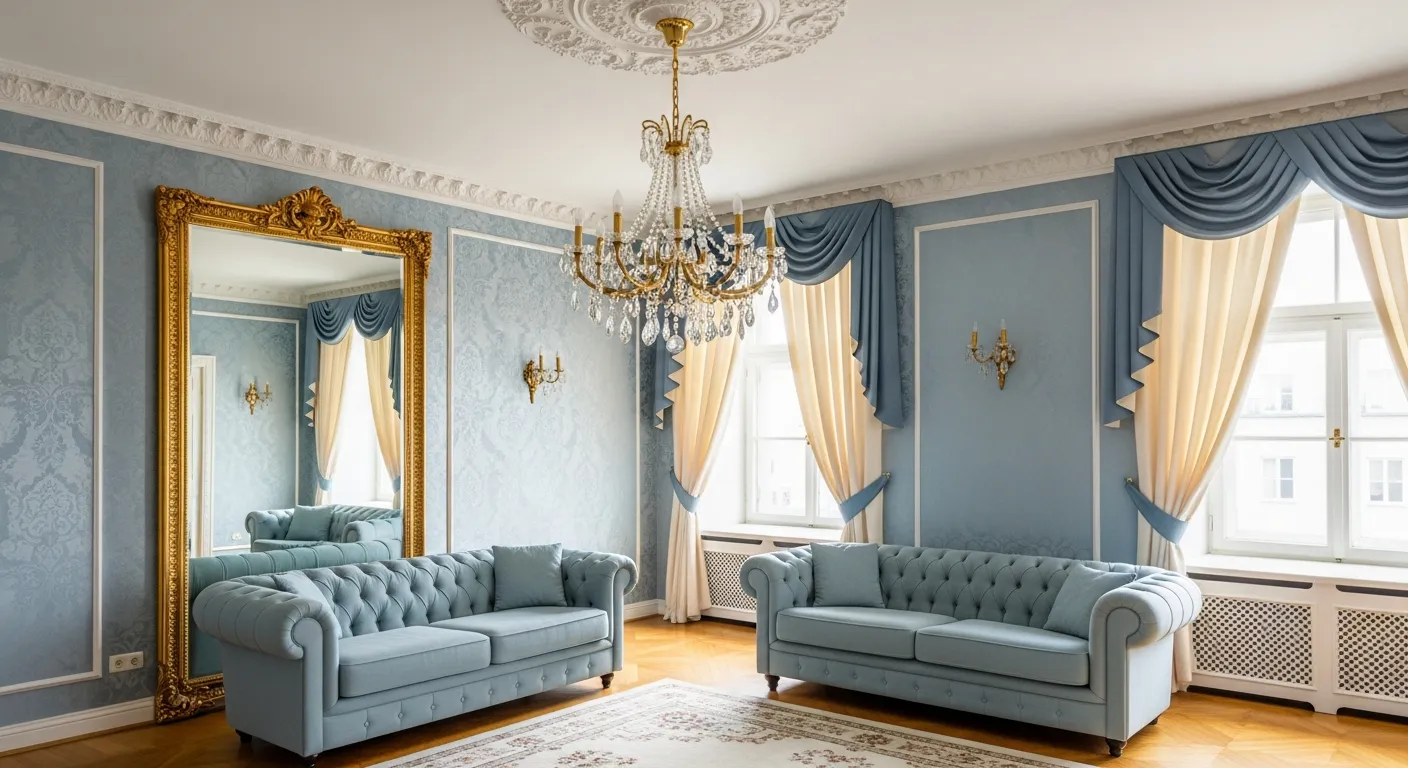 Two Light Blue Tufted Sofas, a Large Gold-framed Ornate Mirror Reflecting the Room, and an Elaborate Crystal Chandelier 