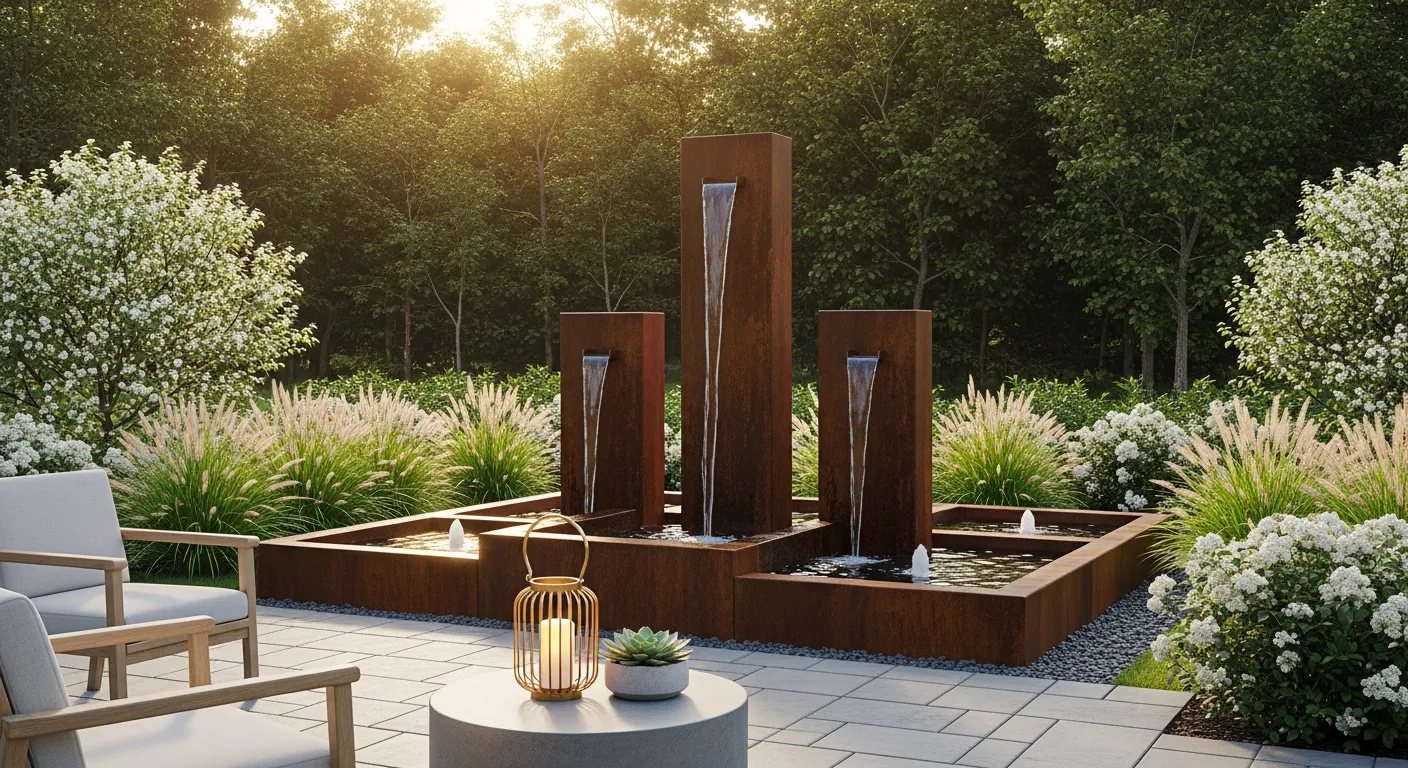 A Modern Outdoor Water Feature Made of Weathered Corten Steel Panels, Featuring Three Vertical Streams of Water Flowing
