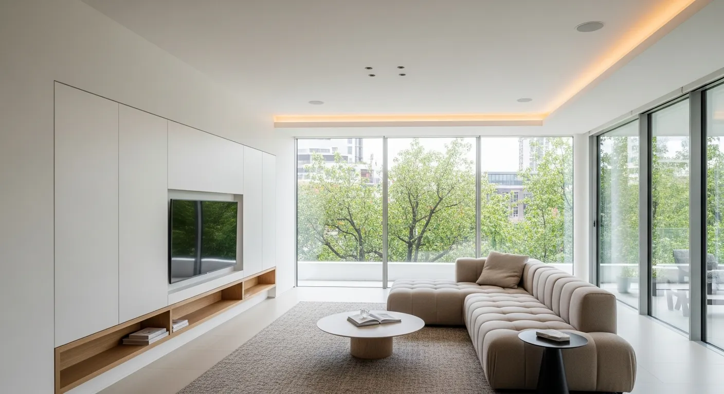 An L-shaped Beige Modular Sofa Sits on a Textured Light Brown Rug in the Center-right