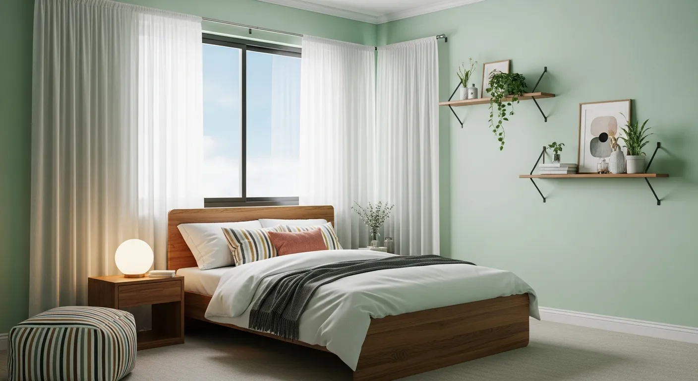 A Wooden Bed Featuring White Bedding and Colorful Throw Pillows and a Large Window With Sheer White Curtains