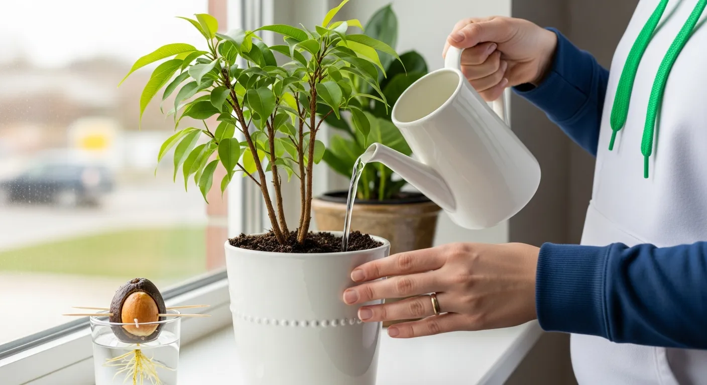 Water Cascades Gracefully From the Pitcher's Spout, Arcing Downwards Into the Rich, Dark-brown, Moist Soil of a White, Cylindrical Plant Pot.