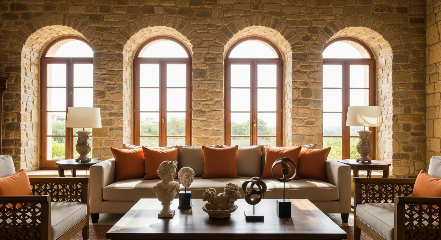 A Long Beige Sofa With Orange Accent Pillows, Two Woven Armchairs, a Wooden Coffee Table With Sculptures, and Multiple Tall Arched Windows