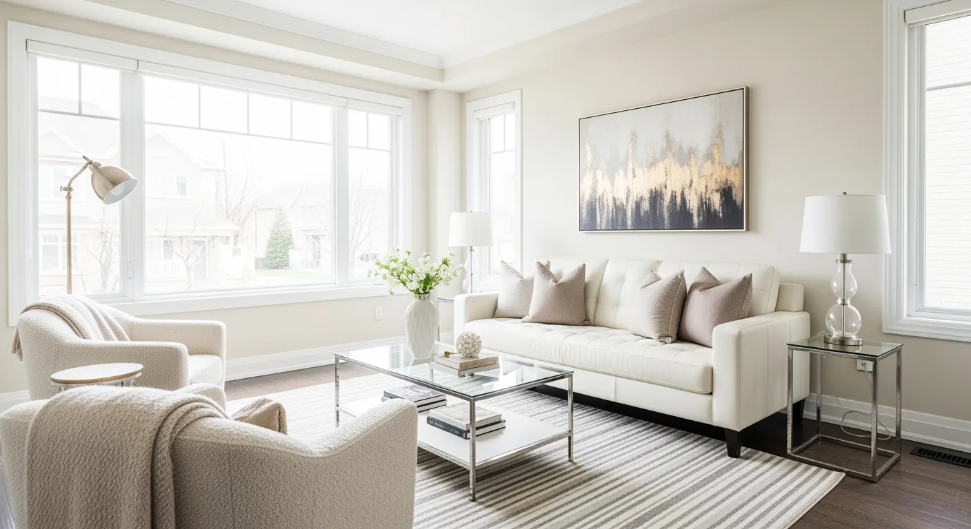 A White Leather Sofa With Neutral Pillows Faces a Glass Coffee Table With a White Vase and Books