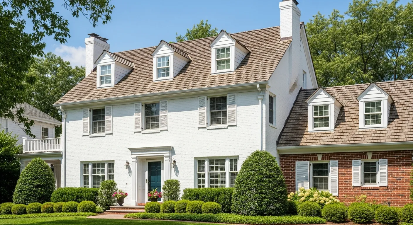 All White With a Brown Roof on a Traditional Brick House
