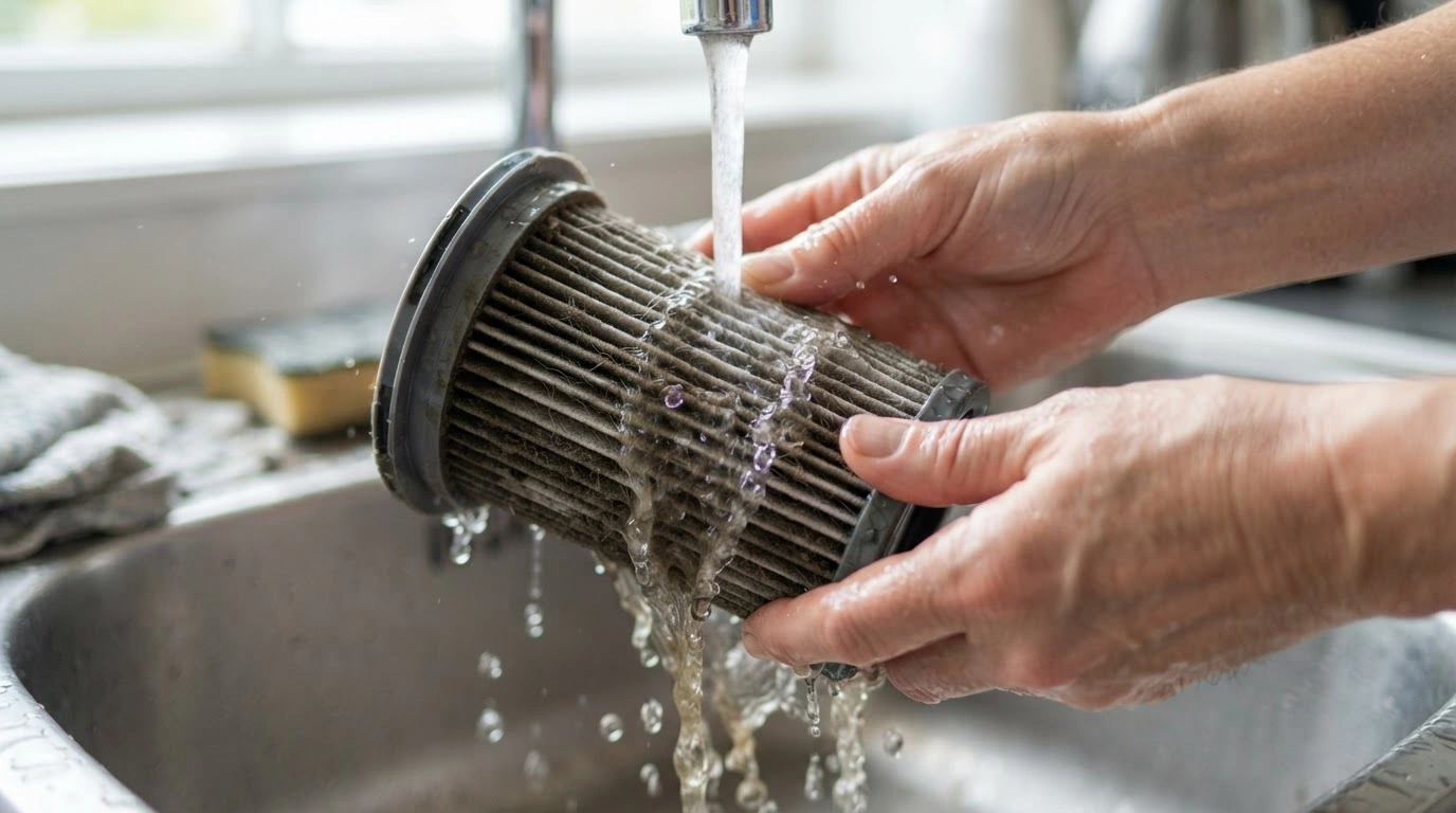 An Adult's Hands Meticulously Rinsing a Dirty, Pleated Vacuum Cleaner Filter Under a Steady Stream of Running Water