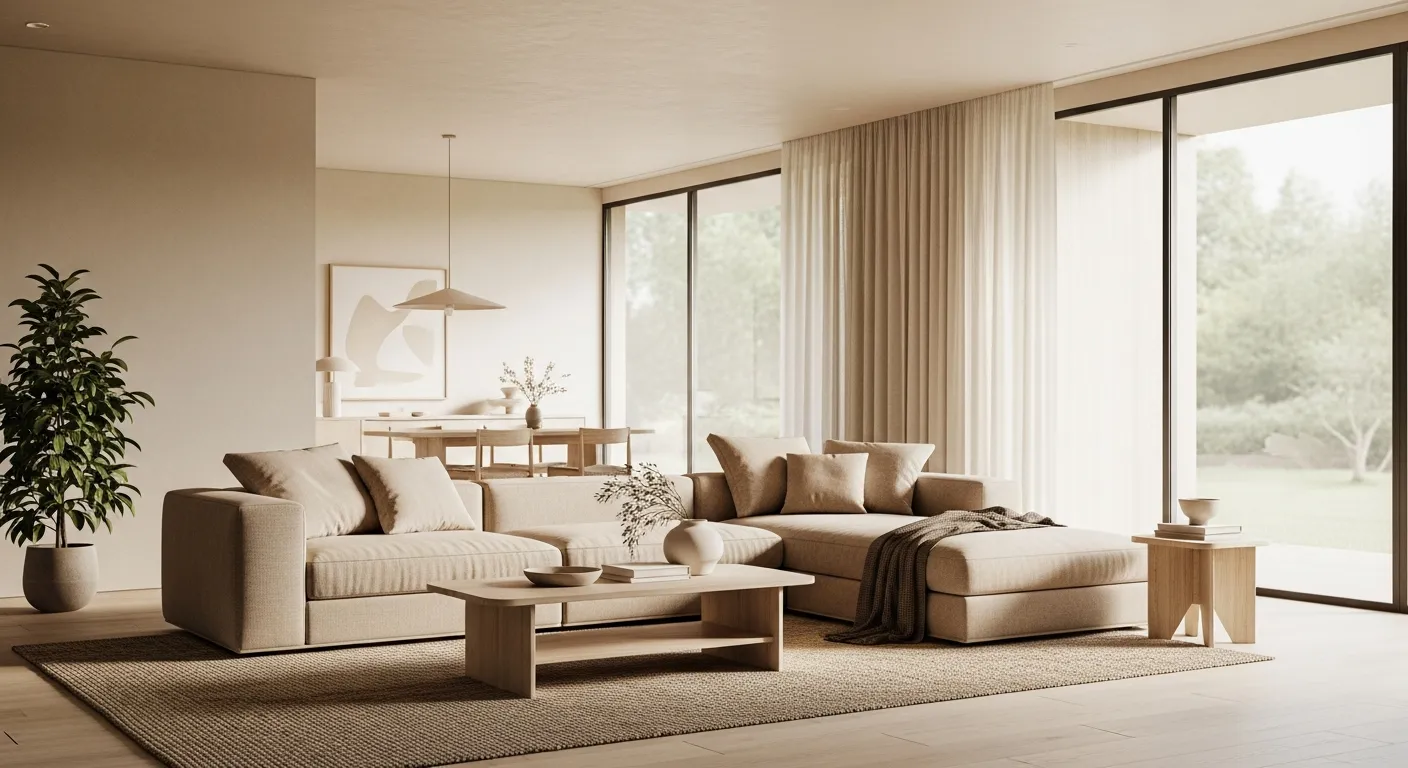 An Airy Living Room With Dominant Color Palette Features Warm Beige and Creamy Neutral Tones, Creating a Breathable and Open Atmosphere