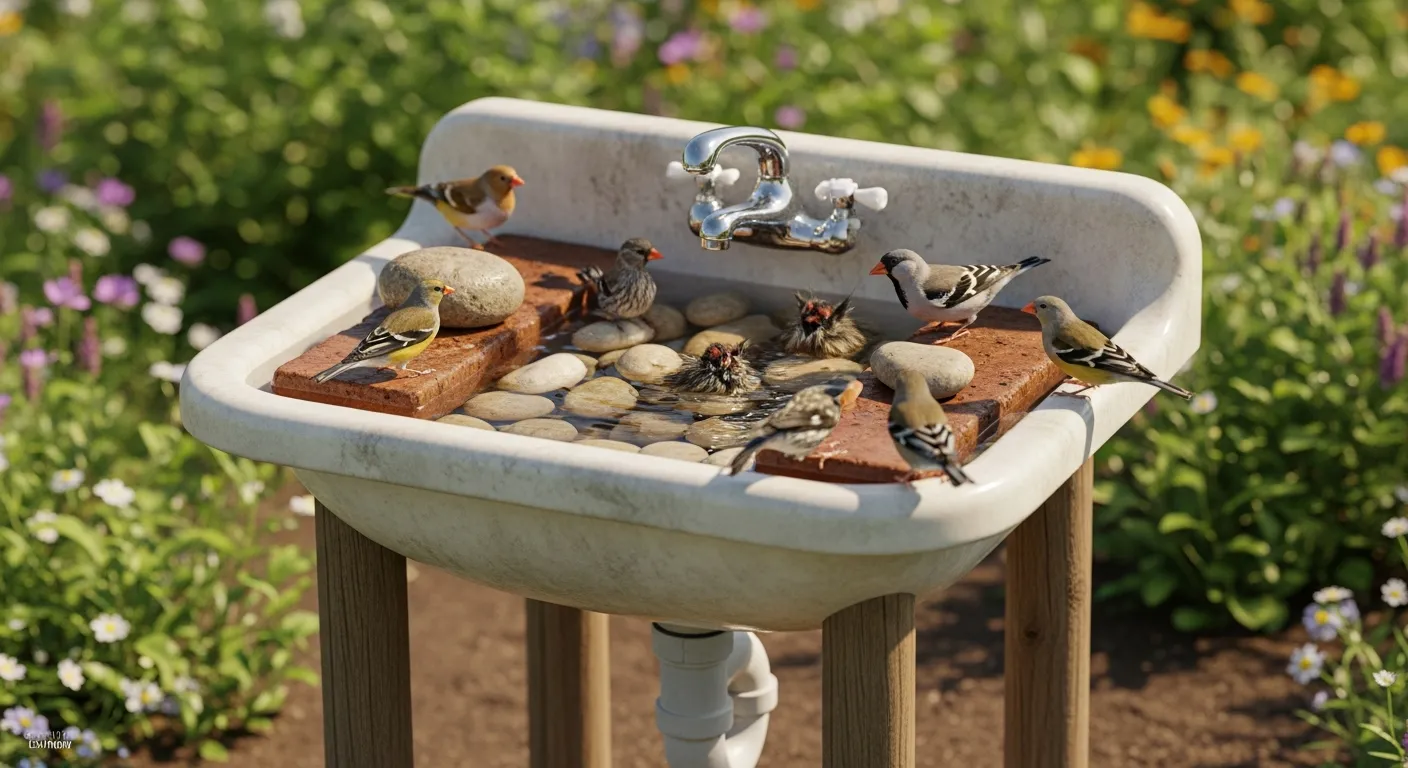 An Antique Porcelain Sink, Weathered and Subtly Stained, Repurposed as a Charming Bird Bath