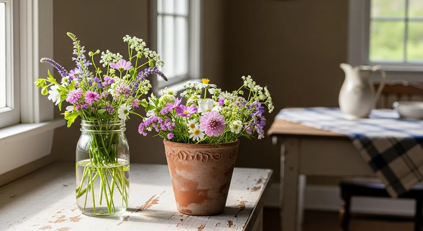 An Arrangement of Fresh, Vibrant Wildflowers in Hues of Soft Pastels and Gentle Whites, Are Casually Placed in Two Distinct Containers