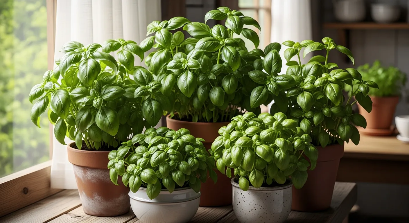 An Arrangement of Lush, Vibrant Potted Basil Plants, Specifically Varieties Suited for Indoor Growing