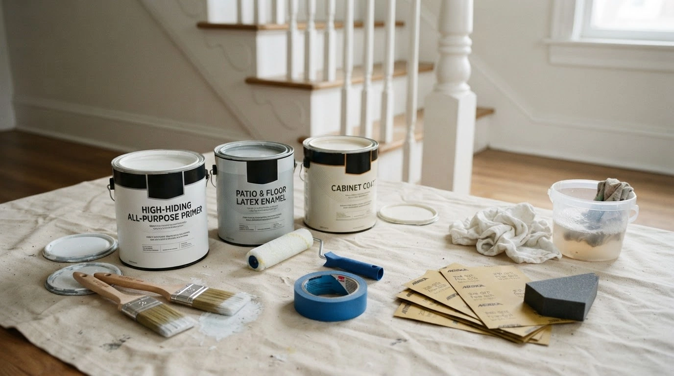 An Array of Staircase Painting Materials Meticulously Arranged on a Beige Protective Drop Cloth