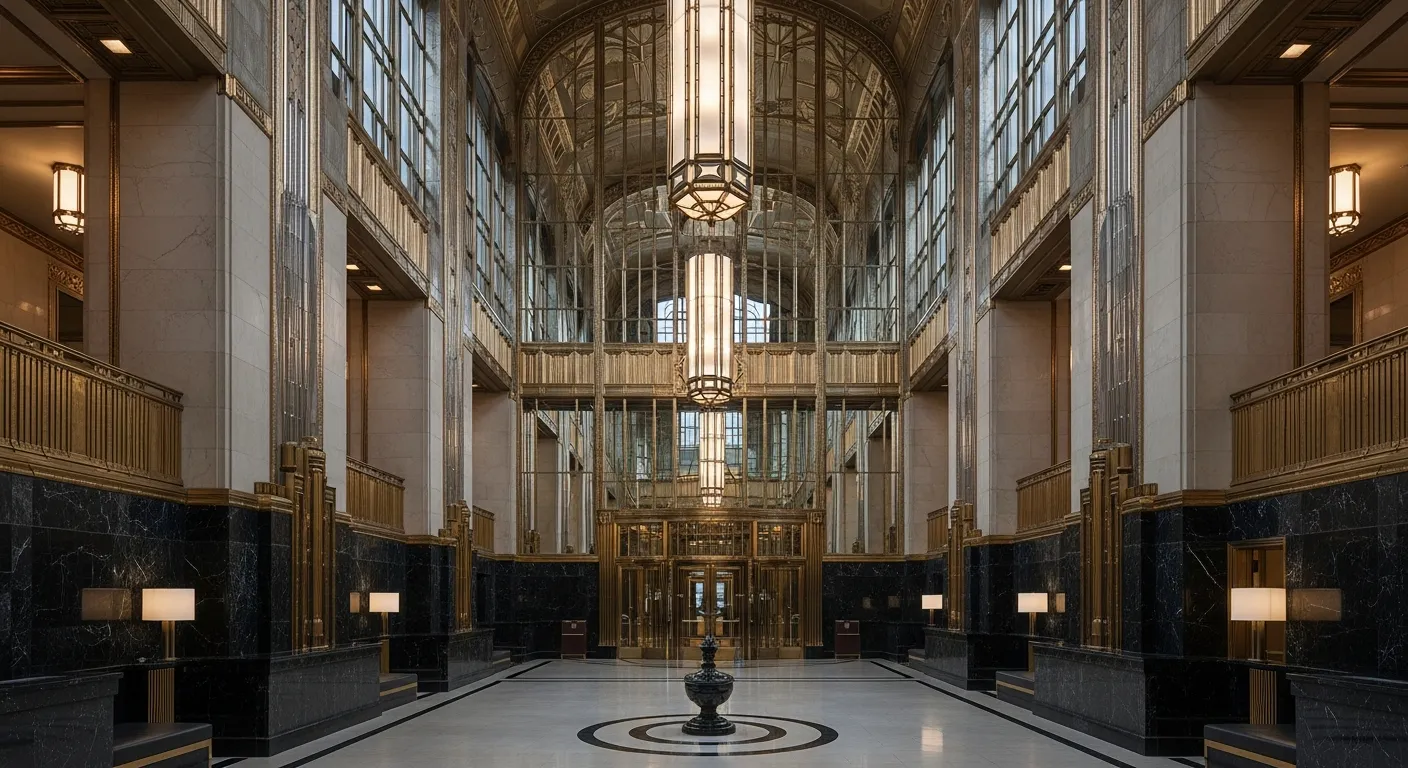 An Art Deco Interior Gleams With Polished Chrome and Gold Accents, Intricate Marble Paneling, and Expansive Mirrored Surfaces