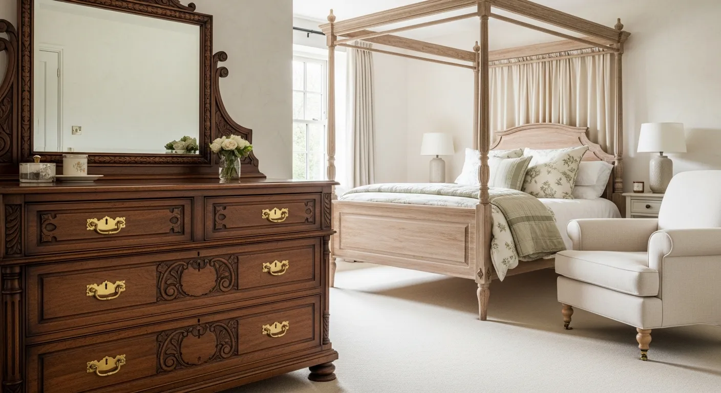 An Authentic Cottagecore Bedroom Interior With a Richly Carved Antique Dark Wood Dresser Positioned as a Statement Vintage Centerpiece