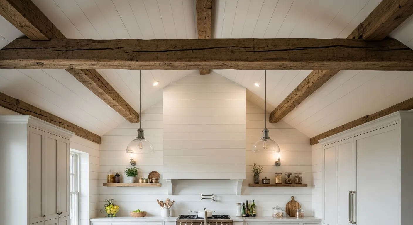 An Authentic Country Kitchen With Walls Adorned With Natural White Shiplap Paneling