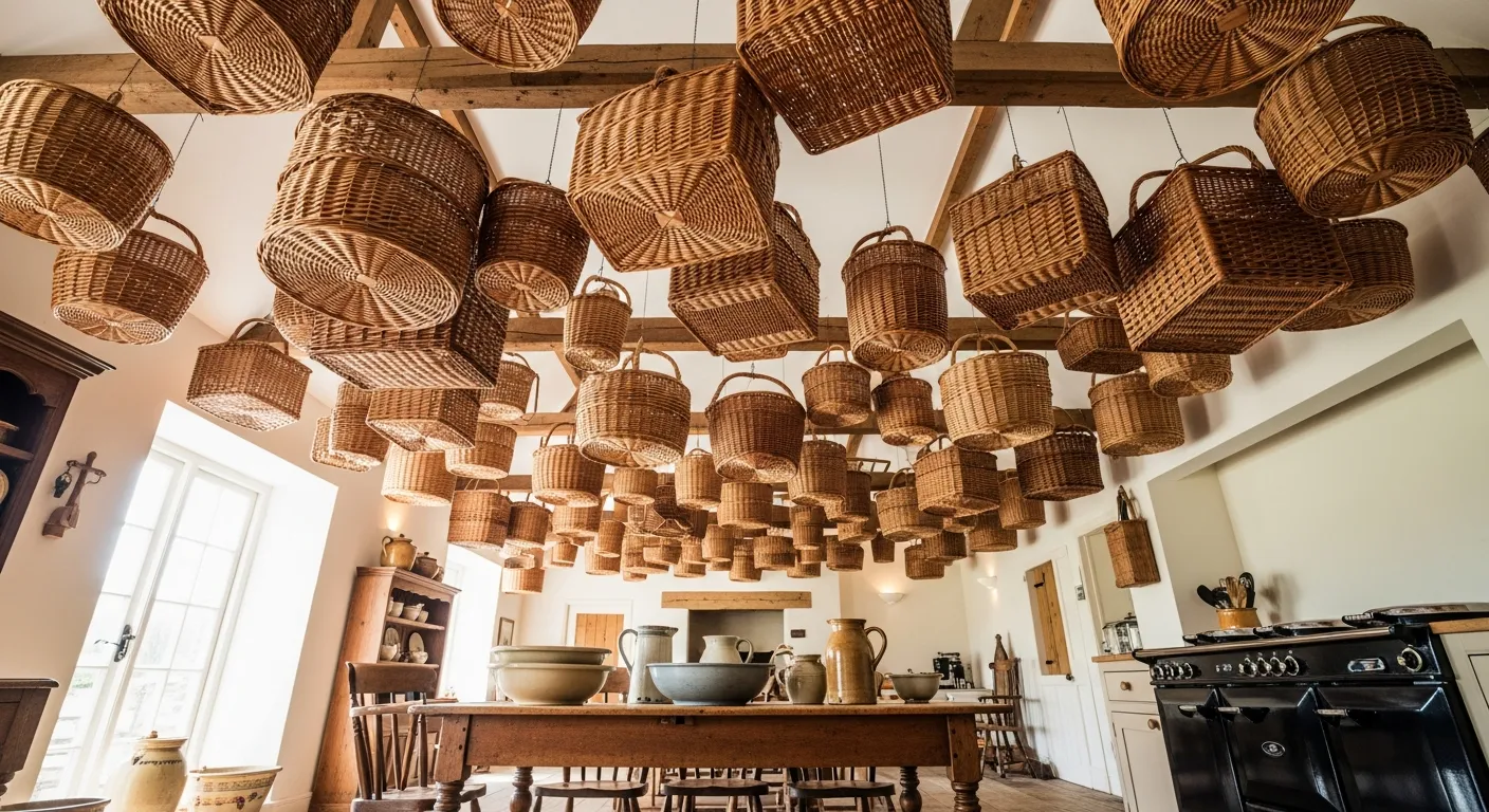An Authentic English Country Kitchen With Dozens of Crafted, Natural Woven Wicker Baskets of Various Sizes Artfully