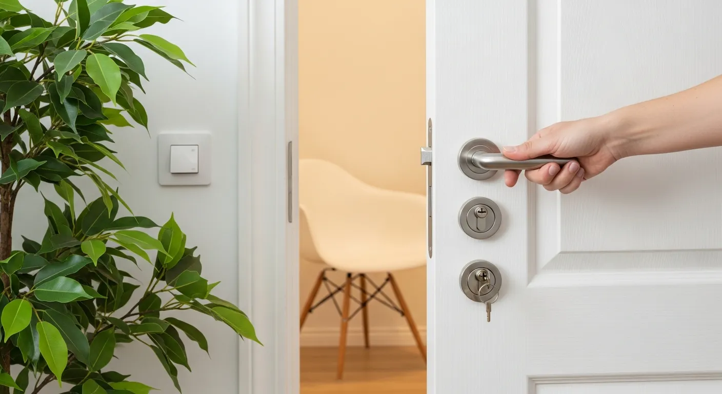 A Fair Skin Tone Delicately Holding a Silver Metal Door Handle Chrome-finish Door Lock on a Pristine White Wooden Door