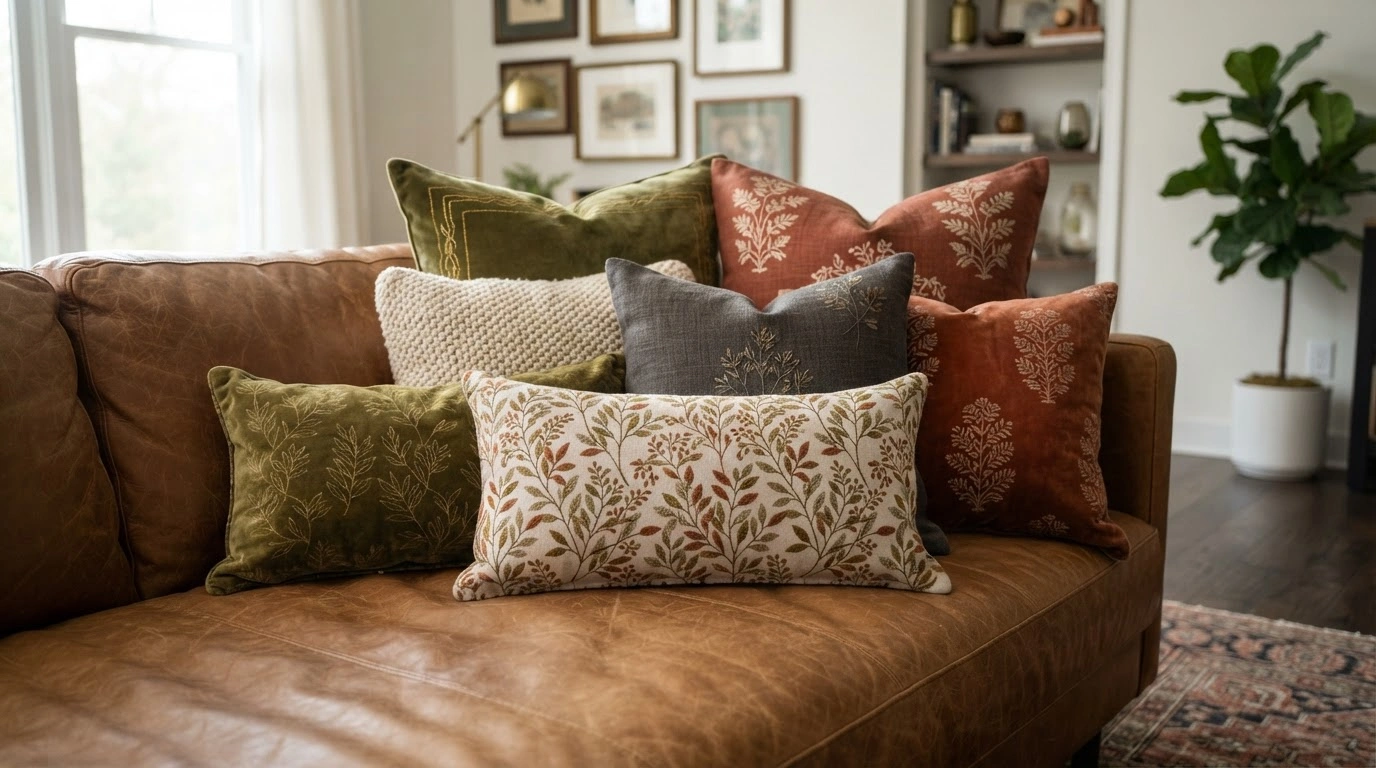 An Eclectic, Layered Arrangement of Seven Decorative Pillows