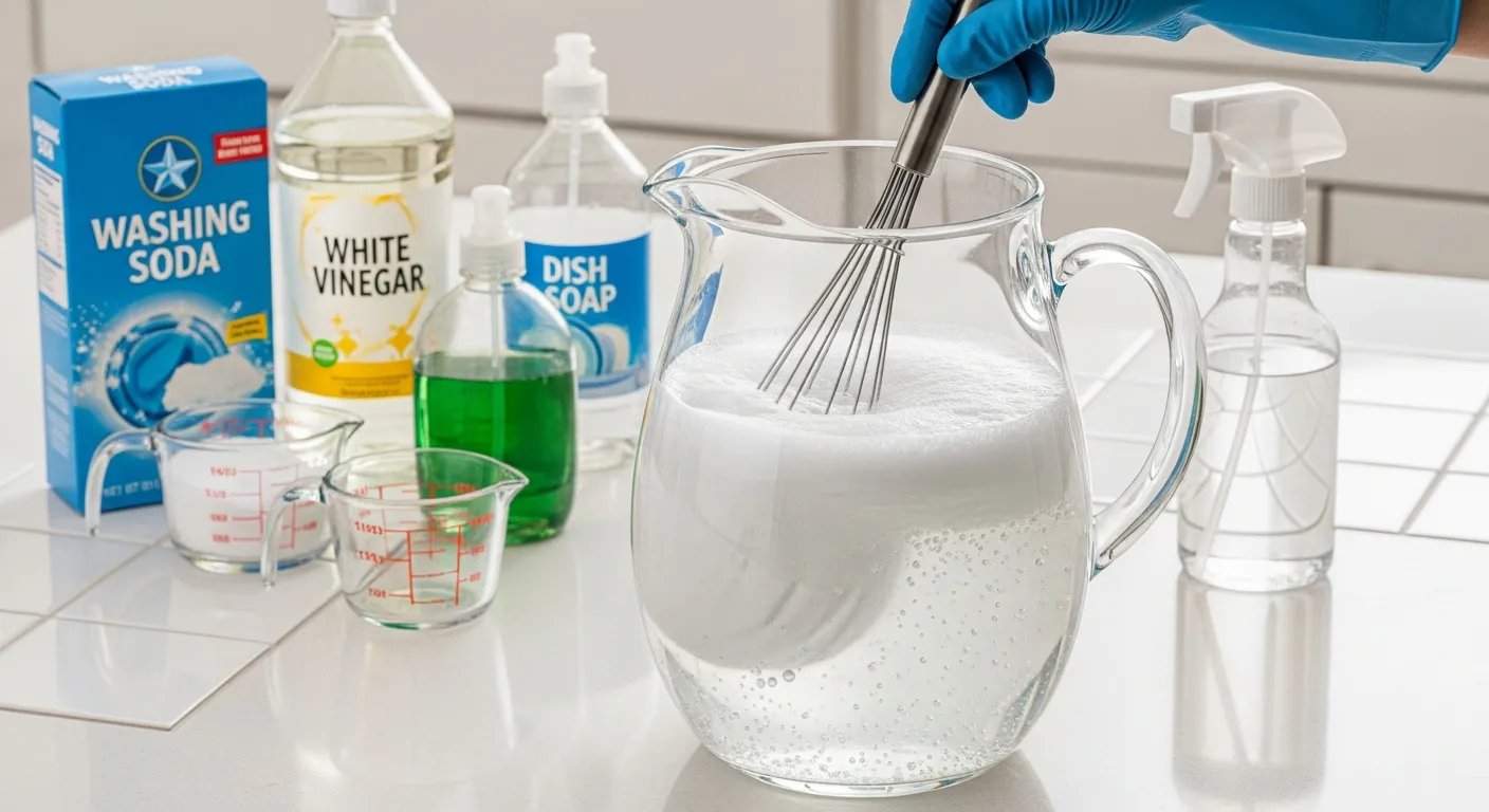 An Effervescent Mixture of Dissolving Washing Soda, White Vinegar, Dish Soap, and Sparkling Water, Creating a Translucent, Slightly Bubbly Grout Cleaning Solution