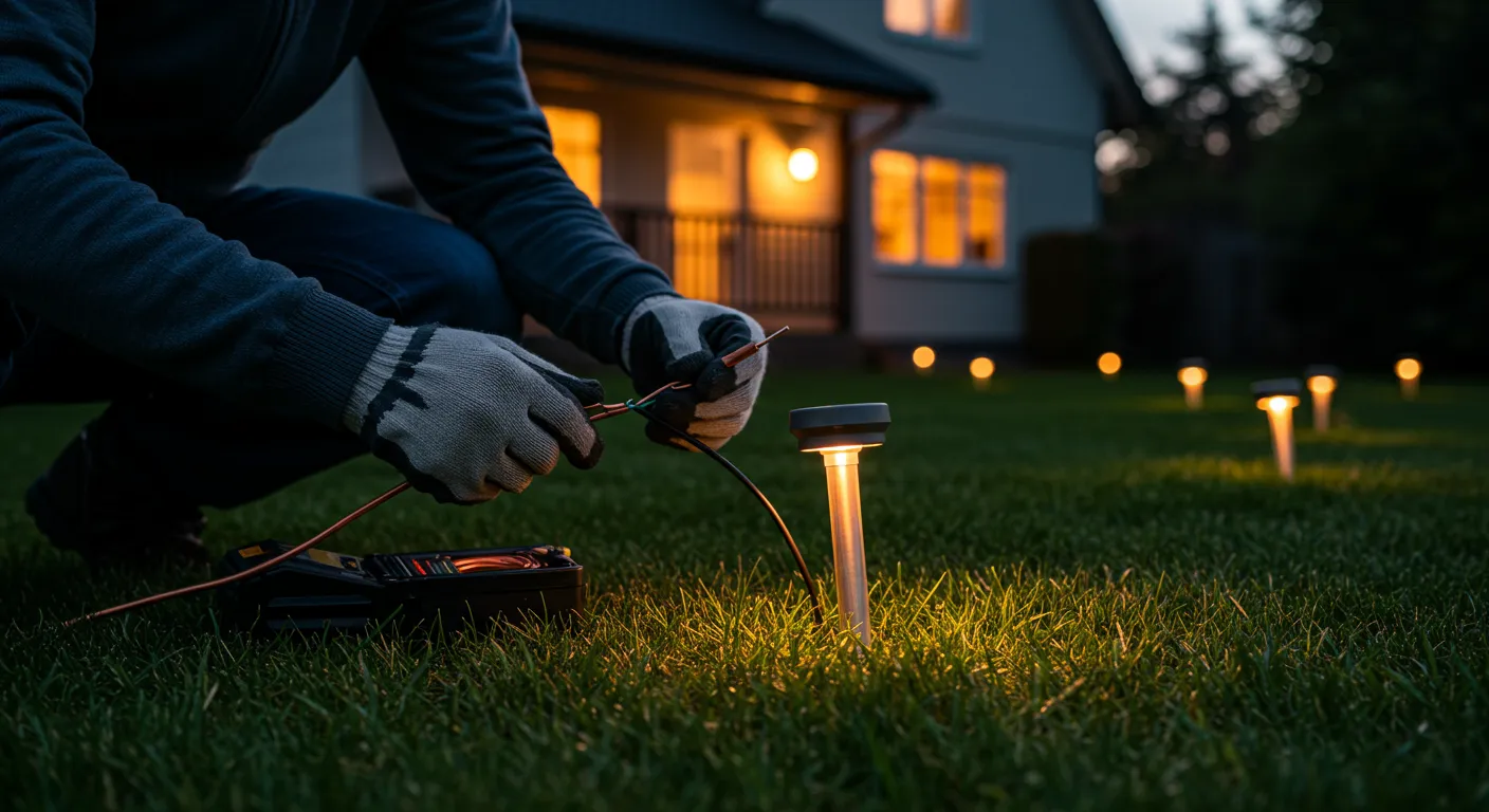 An Electrician Carefully Wiring Low-voltage Landscape Lighting in a Lush Green Lawn at Dusk An Electrician Carefully Wiring Low-voltage Landscape Lighting in a Lush Green Lawn at Dusk