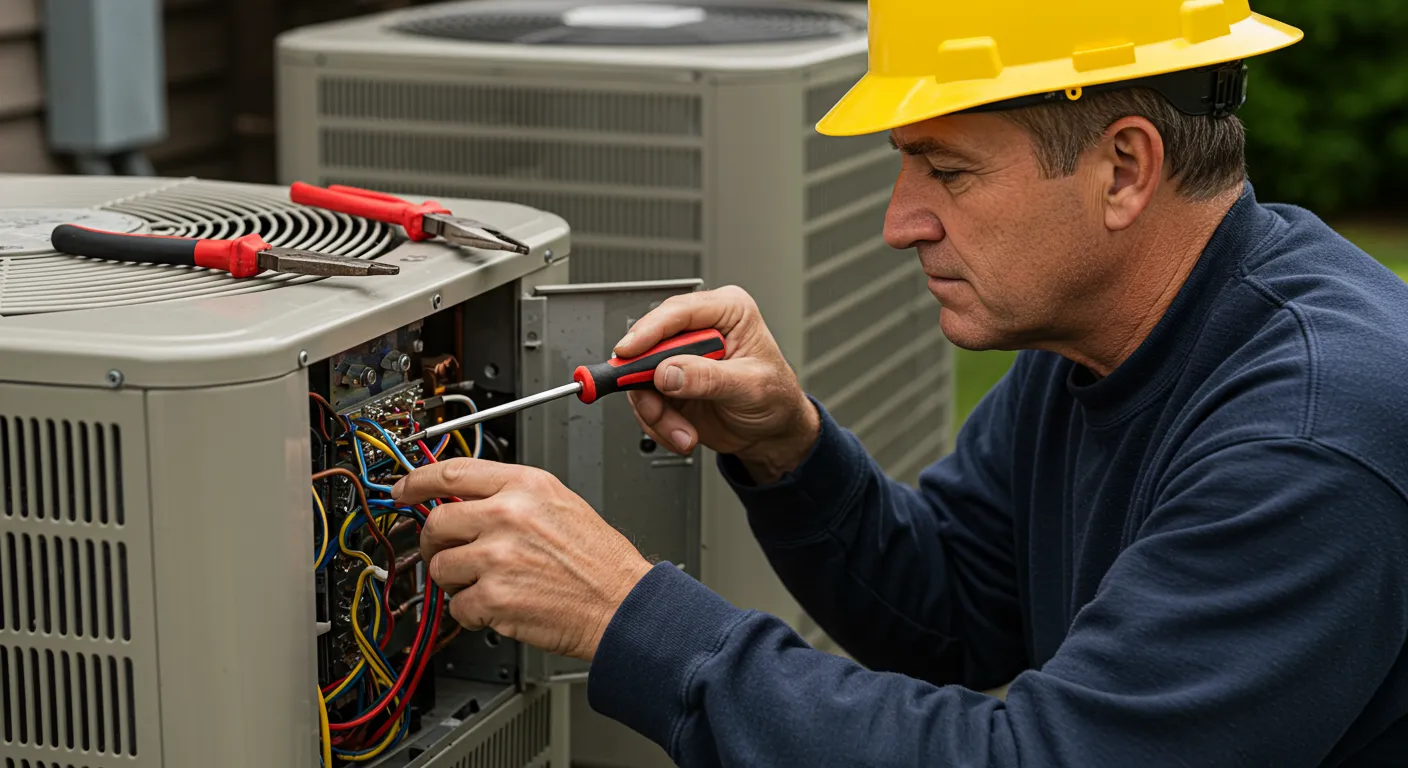 An Electrician is Focused on Repairing an Air Conditioning Unit Outdoors An Electrician is Focused on Repairing an Air Conditioning Unit Outdoors