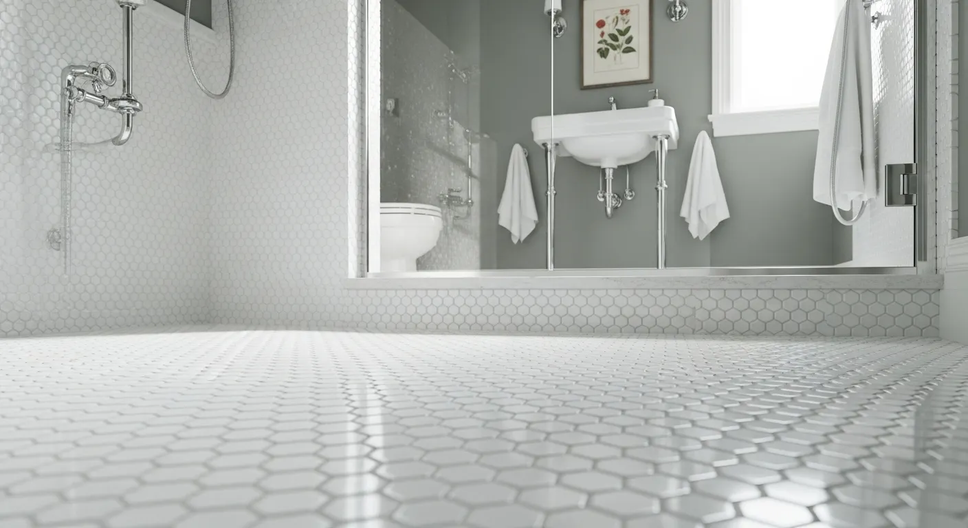 An Elegant Bathroom Featuring Small, Glossy White Ceramic Penny Tiles Meticulously Covering the Floor and a Portion of the Shower Wall
