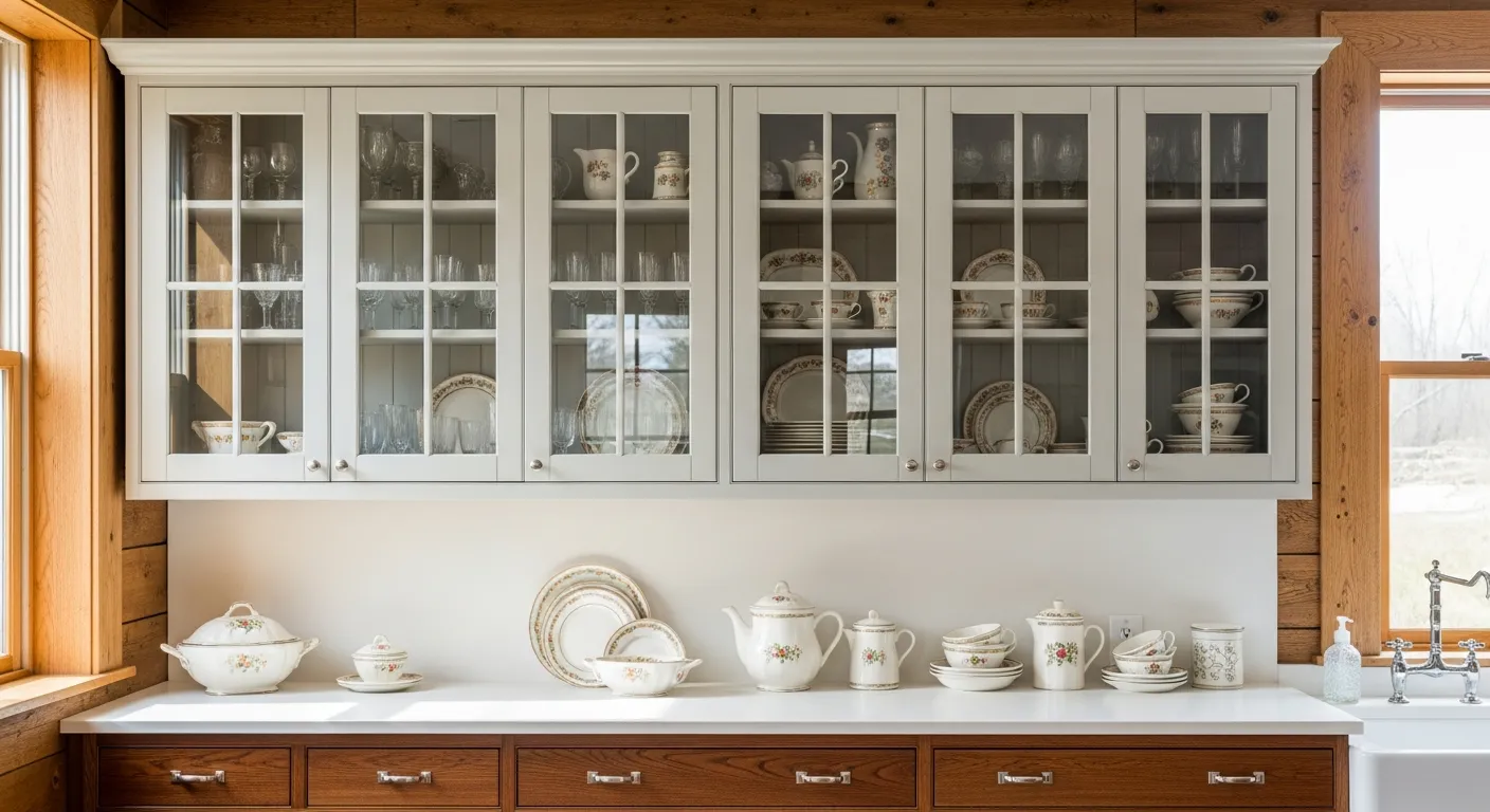 An Elegant Country Kitchen Prominently Display a Collection of Antique Glassware and Delicate Ceramic Crockery in Glass-fronted Upper Cabinets