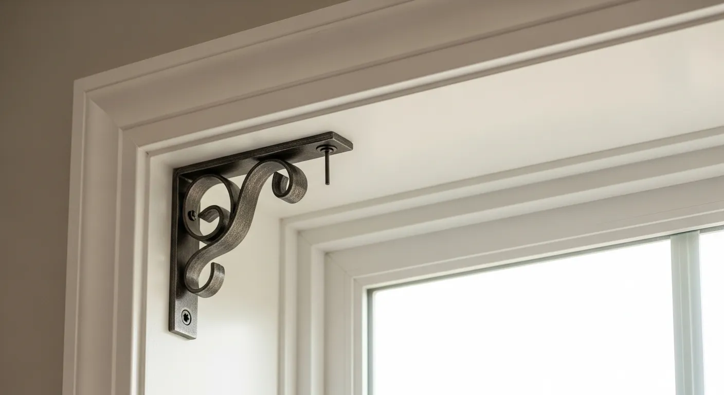 An Elegant Curtain Rod Brackets, Mounted Securely on a Pristine, Subtly Textured, Window Frame