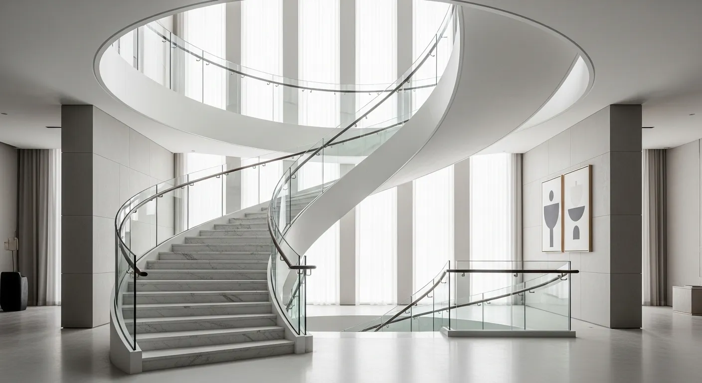 An Elegant Curved Staircase With a Sweeping Helical Structure, Polished White Marble Treads, Sleek Glass Balustrade, and Minimalist Dark Wood Handrail