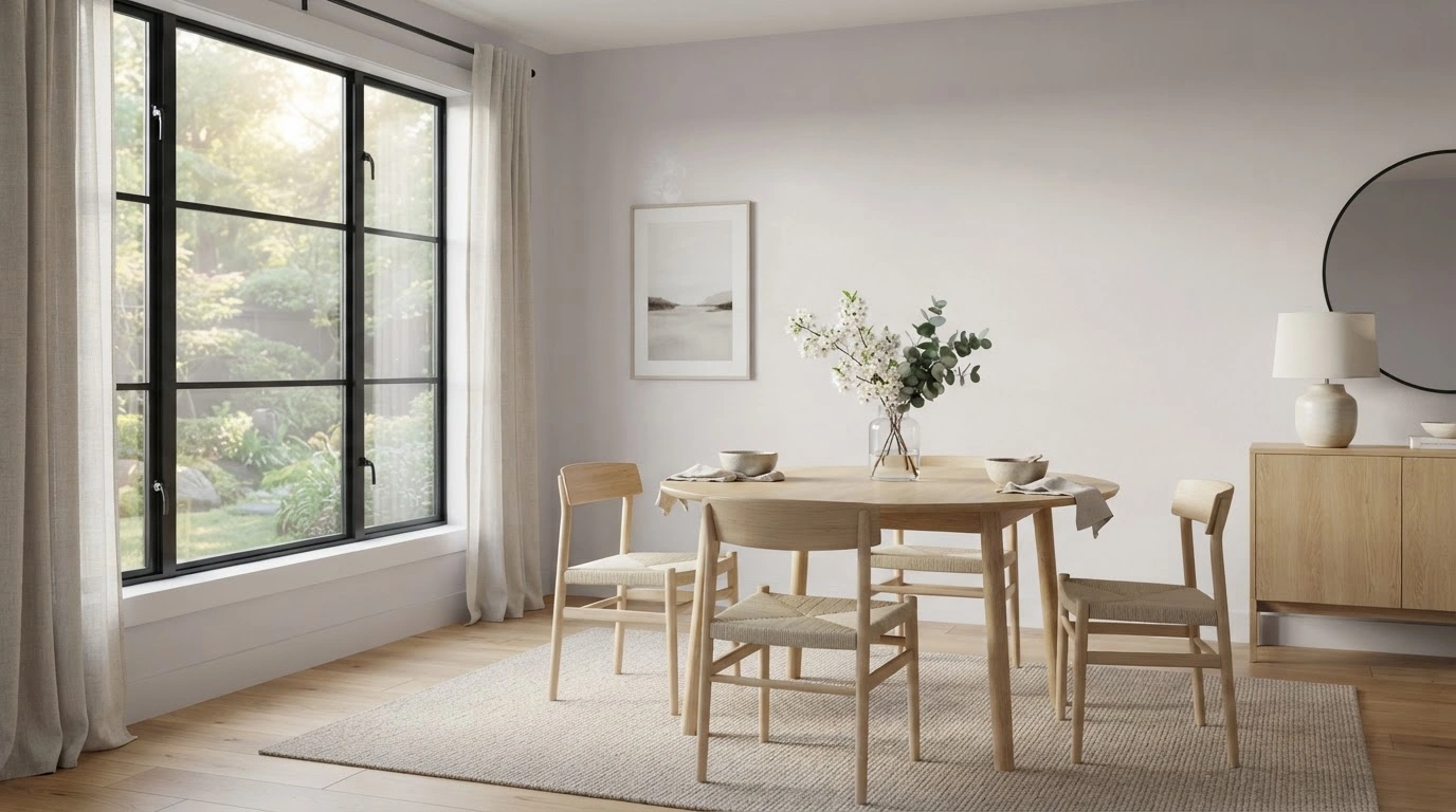 An Elegant Dining Room With Gentle Morning Light Streams Through a Large Window, Softly Illuminating Walls Painted in Sherwin-williams Opaline