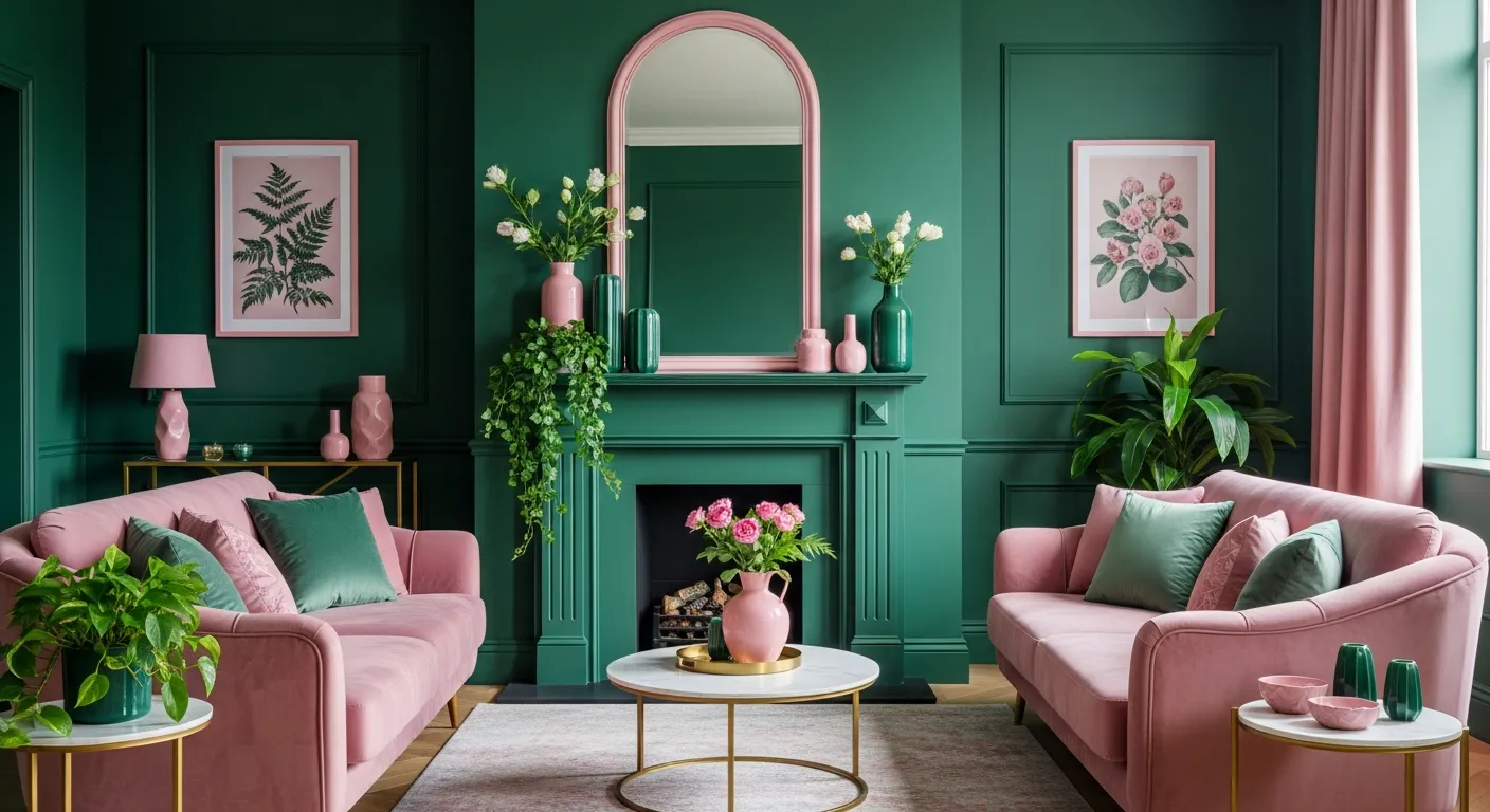 An Elegant Living Room Interior Featuring Deep Emerald Green Walls and Soft Dusty Pink Furniture