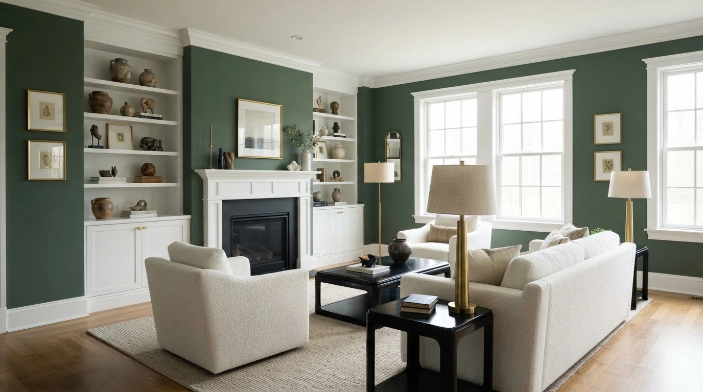 An Elegant Living Room With Walls Are Painted a Rich, Matte Sherwin-williams Parisian Patina Green