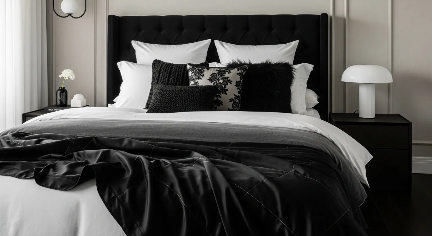 An Elegant, Luxurious Master Bedroom With a Sophisticated White and Black Monochromatic Palette
