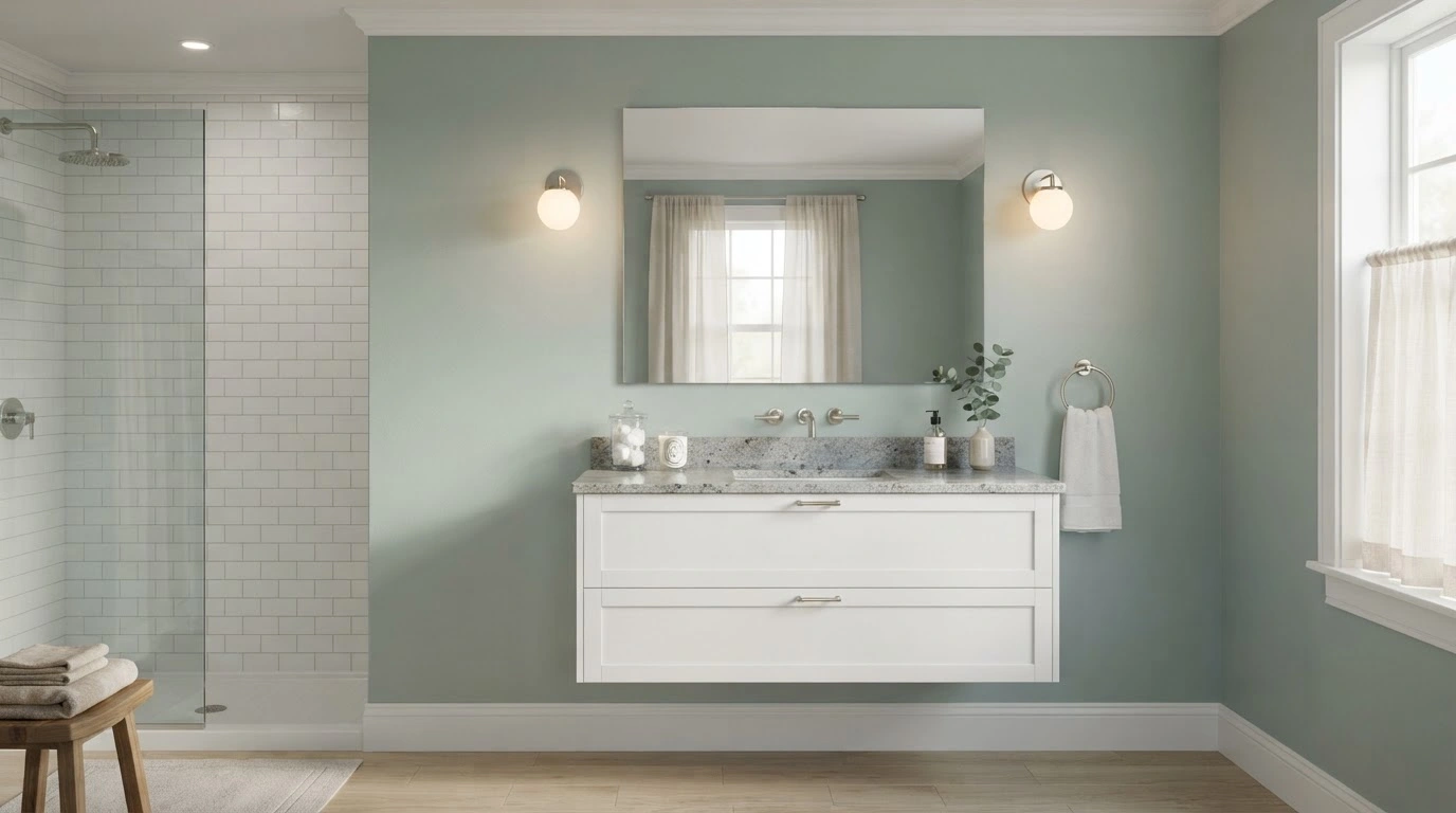 An Elegant, Modern Bathroom Interior With Walls Are Painted in Sherwin-williams Parisian Patina