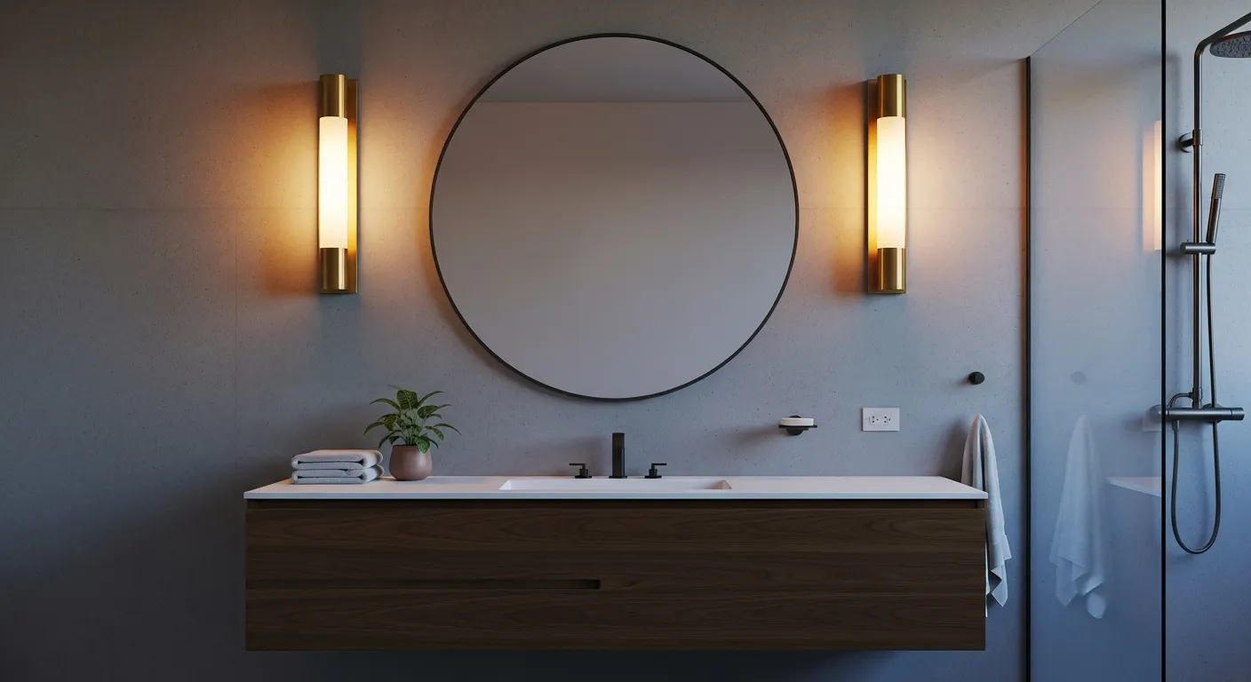 An Elegant, Modern Bathroom Interior at Twilight With Two Symmetrical, Cylindrical Brass Sconces Mounted Vertically on Either Side of a Mirror