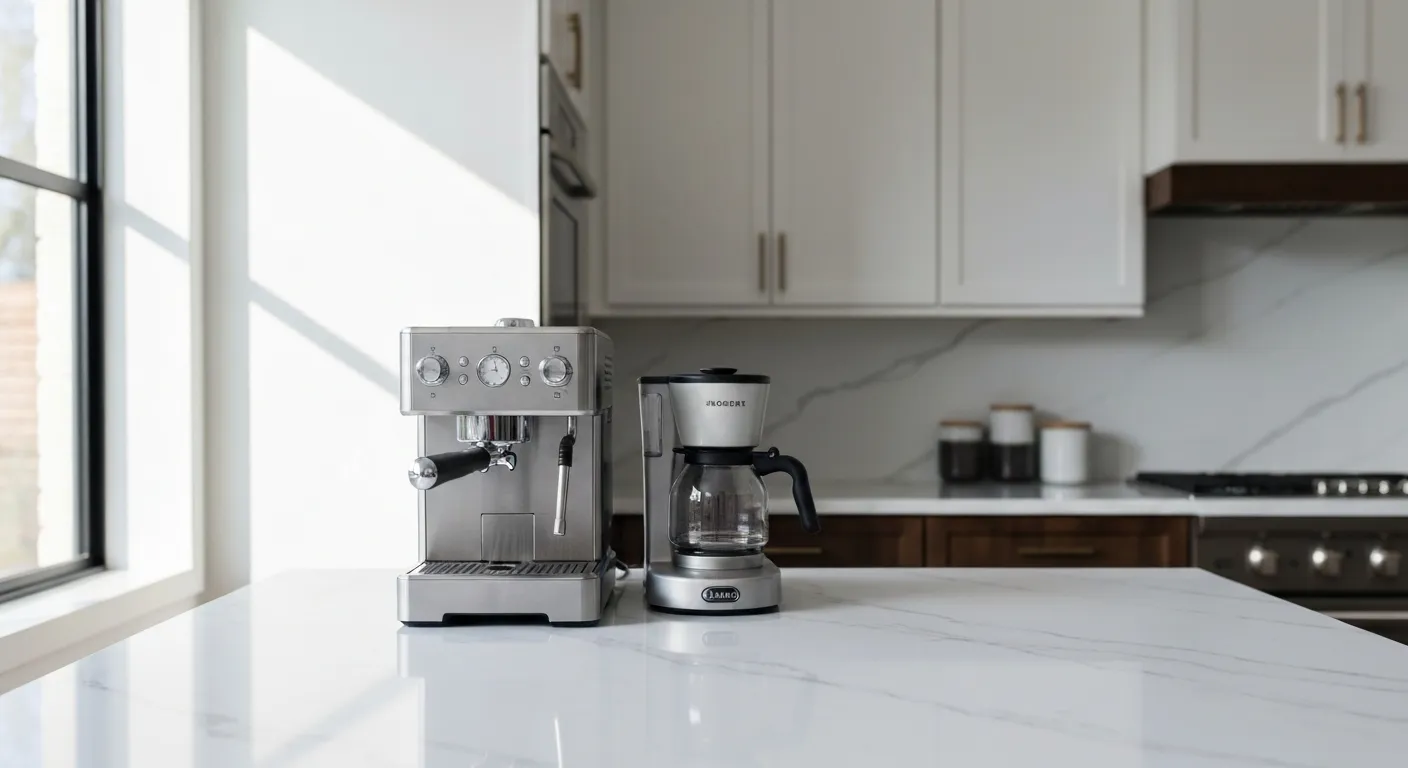 An Elegant, Silver Stainless Steel Espresso Machine and a Sleek, Minimalist Ceramic Coffee Maker Place on a Pristine, Modern Kitchen Countertop