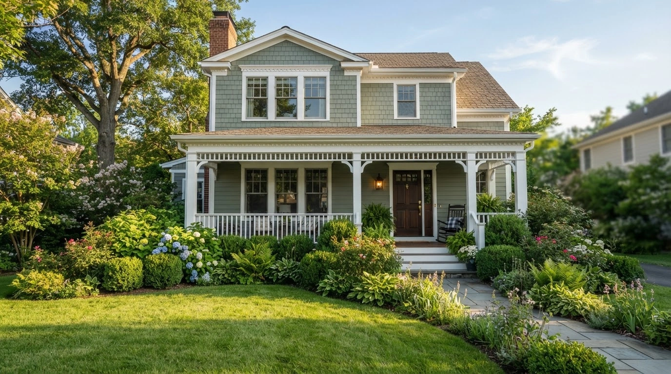 An Elegant Suburban Home's Exterior on a Clear, Sunny Day Painted in a Sophisticated, Muted 'Parisian Patina Sw' Green
