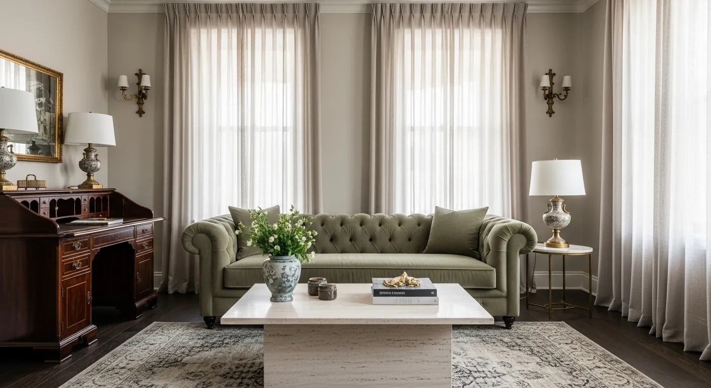 An Elegantly Appointed, Serene Living Room Featuring Bold Authentic Antique Furniture