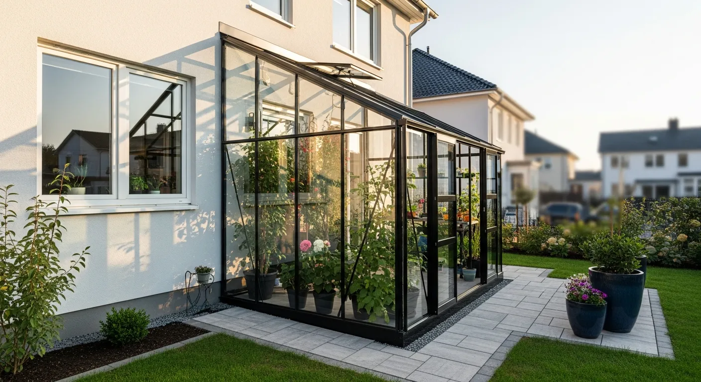 An Elegantly Designed Attached Greenhouse Seamlessly Integrated Into the Side of a Modern Suburban Home 