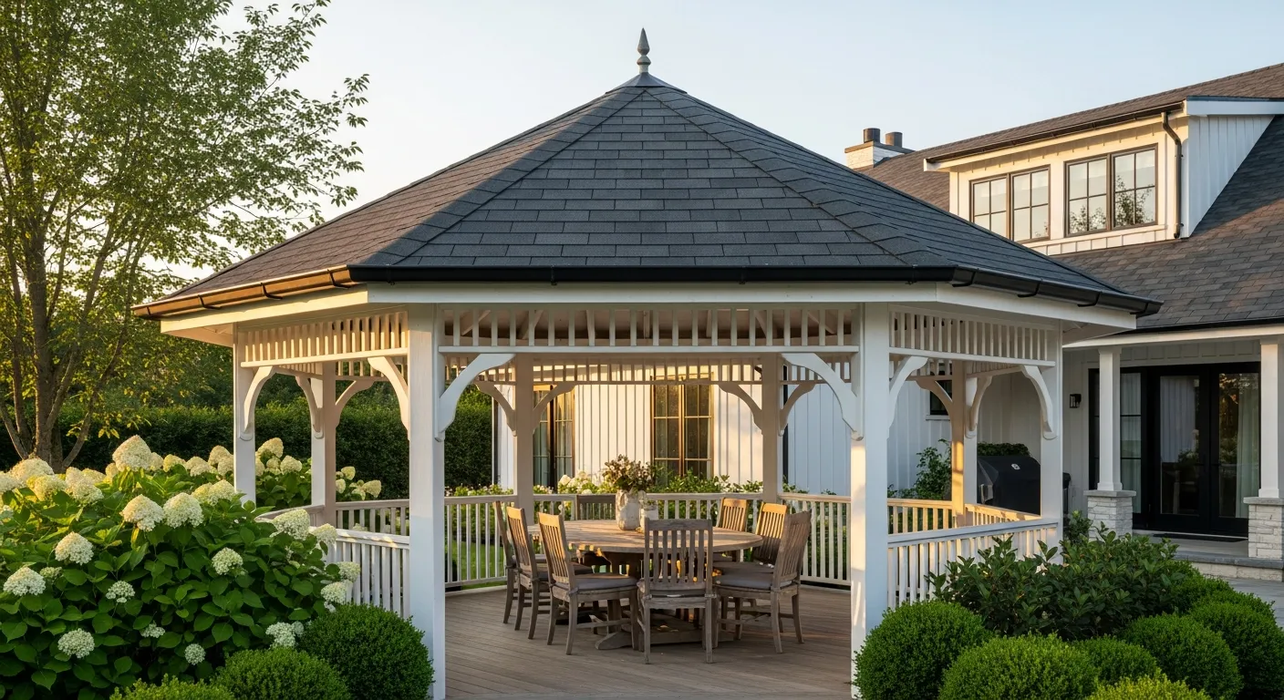 An Elegantly Designed Octagonal Gazebo Featuring a Sturdy, Solid Roof Meticulously Covered With Dark Gray Architectural Asphalt Shingles