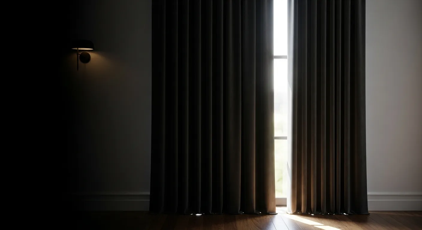 An Elegantly Draped, Thick, Dark Charcoal Velvet Curtain With an Integrated Blackout Lining