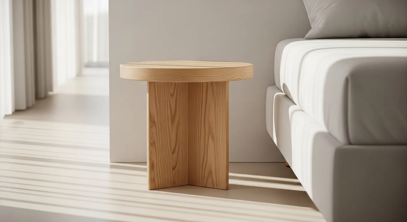 An Elegantly Simple, Round Bedside Table, Positioned Precisely Beside a Contemporary, Minimalist Bed