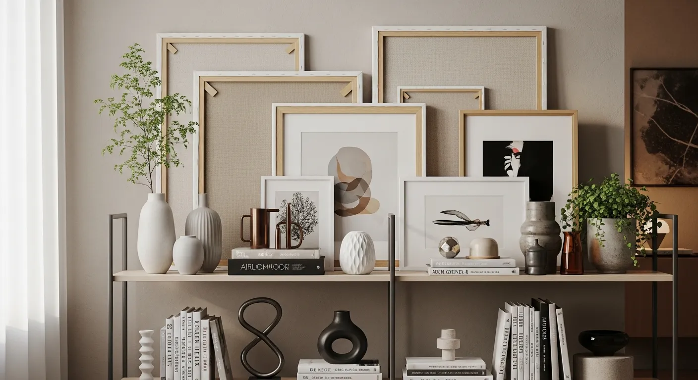 An Elegantly Styled Open Shelving Unit With Multiple Art Pieces, Including Framed Prints and Canvases, of Varying Sizes Lean Against the Back