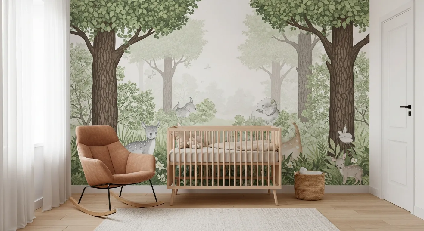 An Enchanting Gender-neutral Nursery With Lush Forest-themed Wall Mural Dominates the Background, Featuring Soft Green Foliage