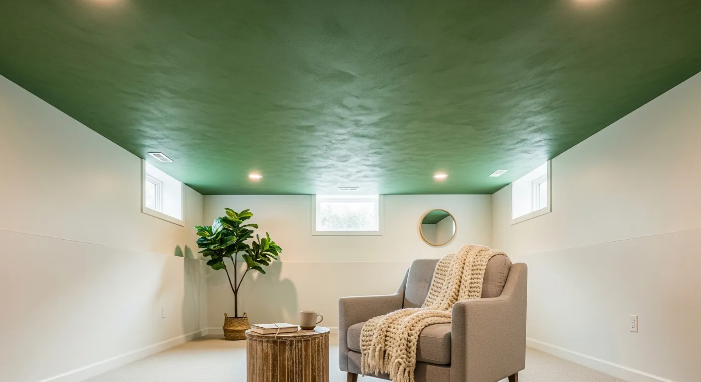 An Exceptionally Serene Basement Meditation Room With a Stunning, Deeply Textured Ceiling Painted in a Rich, Verdant Sage Green