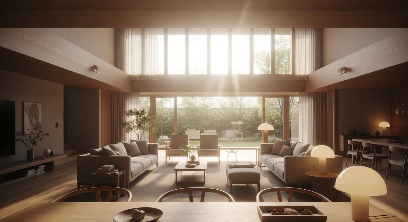 An Expansive Japandi Living Space, Bathed in Abundant, Soft Natural Sunlight