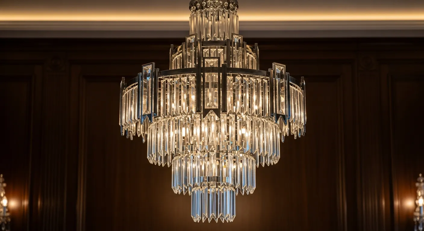 An Exquisite, Multi-tiered Art Deco Crystal Chandelier With Warm Ambient Light, Intricate Patterns Across a Luxurious Dark Wood Paneled Wall