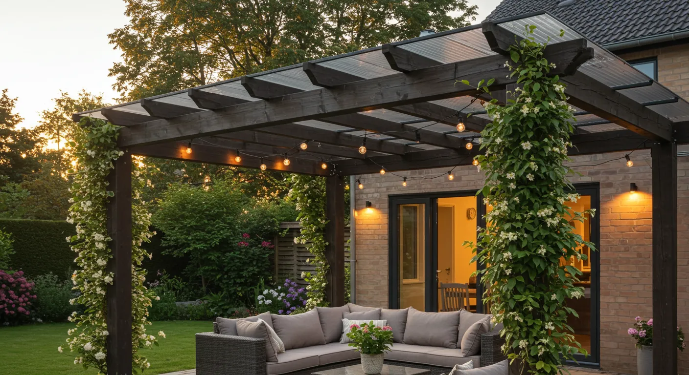 An Exquisite Pergola Serving as a Patio Extension With Robust Structure, Crafted From Weathered Dark Wood