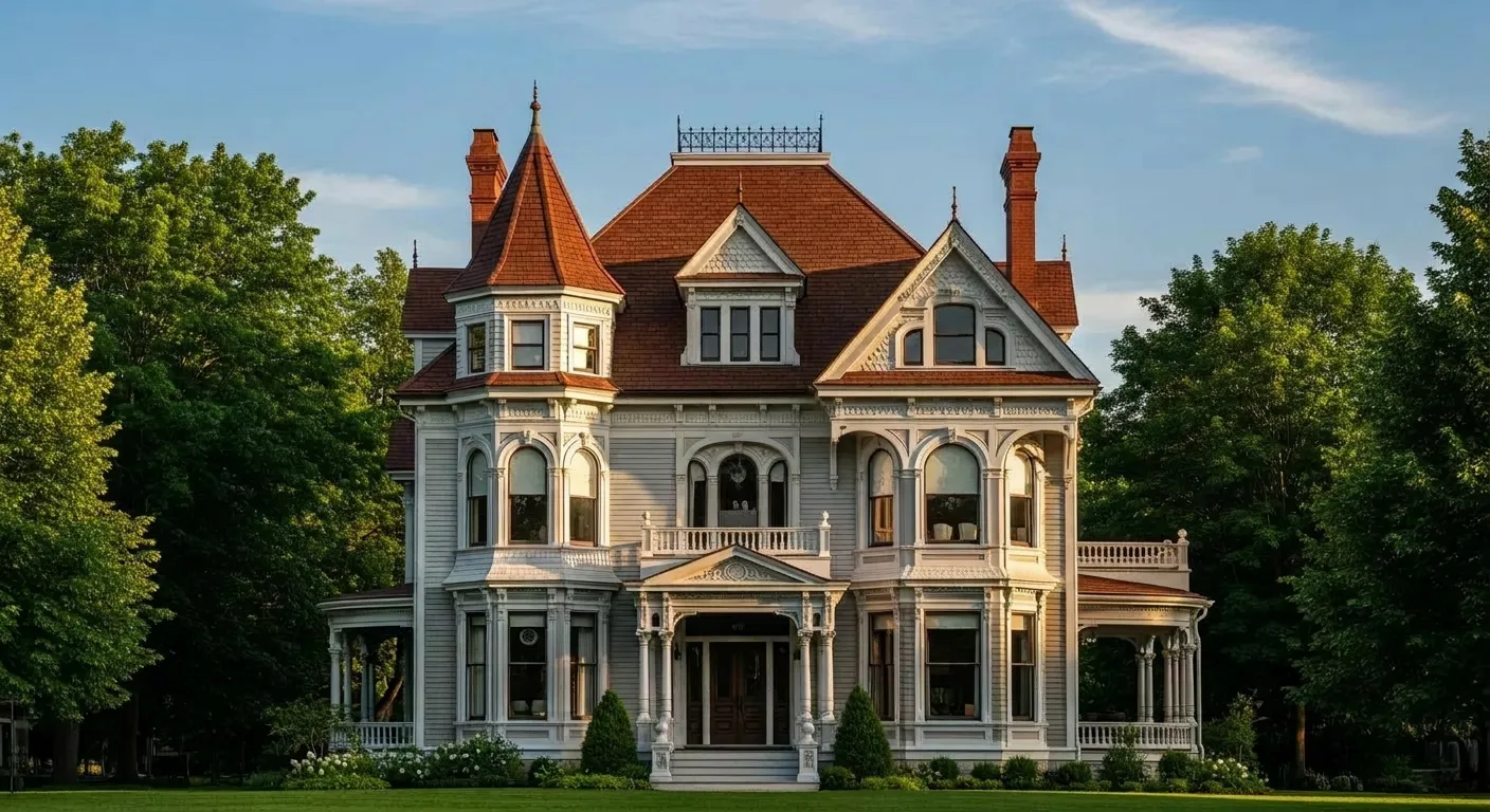 An Exterior Shot of a Majestic Queen Anne-style Victorian Home, Showcase Its Architectural Depth