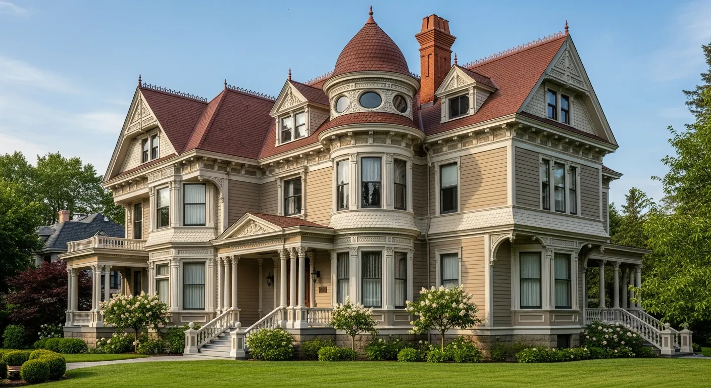 An Exterior Shot of a Majestic Queen Anne-style Victorian Home, Showcase Its Architectural Depth
