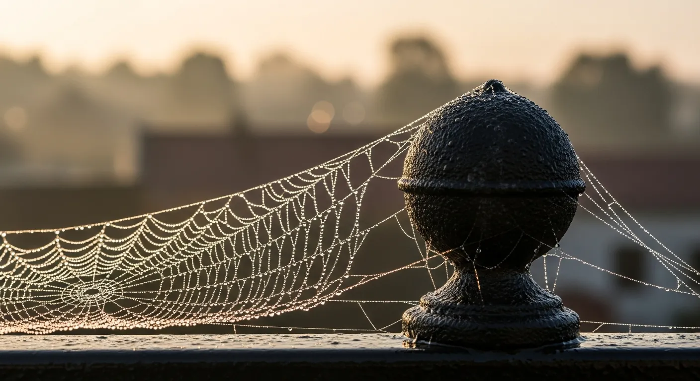 An Intricate Spiderweb Glistening With Countless Dew Drops, Draped Over a Wet, Dark Gray Spherical Finial